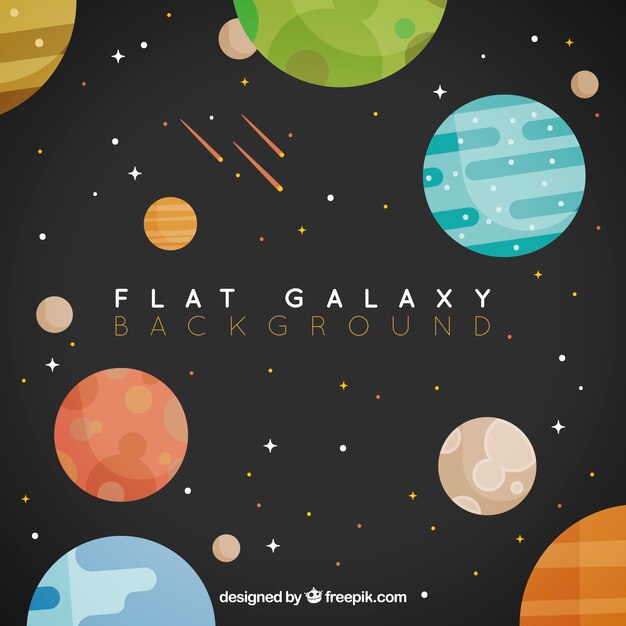 Fondo de galaxia en diseño plano con planetas de colores
