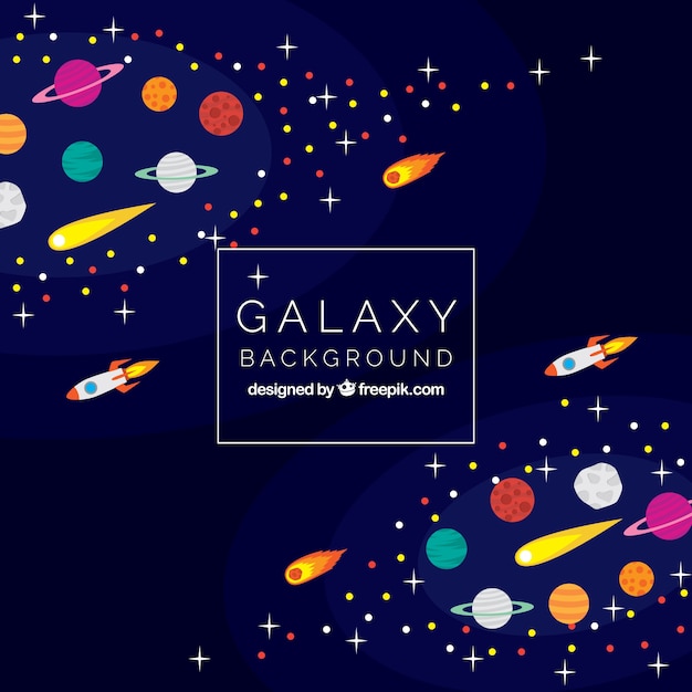 Fondo de galaxia con meteoritos y cohetes 