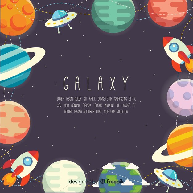 Fondo de galaxia con planetas y cohetes