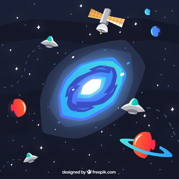 Fondo de galaxia y planetas en diseño plano 