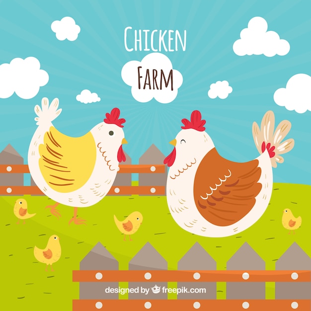 Fondo de gallinas en la granja dibujadas a mano 