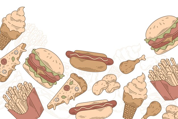 Fondo de garabatos de comida de grabado dibujado a mano