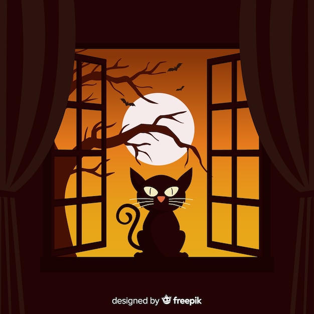 Fondo de gato de halloween en diseño plano