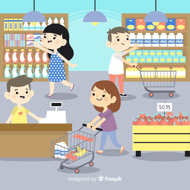 Fondo gente dibujada a mano en el supermercado