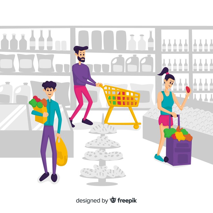 Vector gratuito fondo gente dibujada a mano en el supermercado