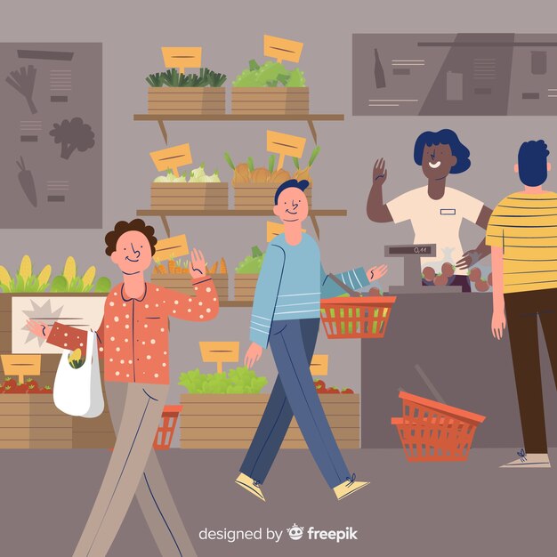 Fondo gente en el supermercado dibujado a mano