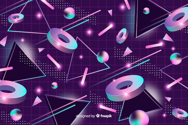 Fondo geométrico de los años 80 con elementos 3d