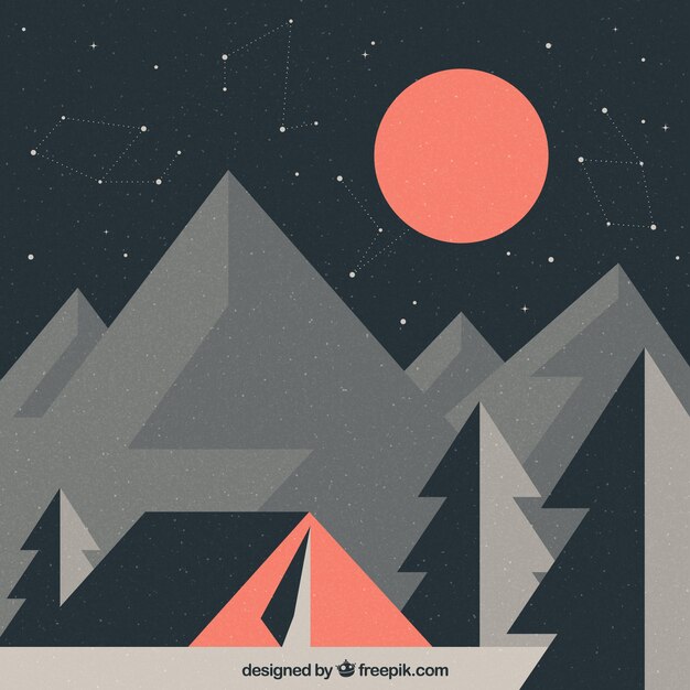 Fondo geométrico de paisaje con tienda de campaña en estilo vintage