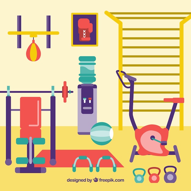 Fondo de gimnasio de deporte con máquinas de ejercicio