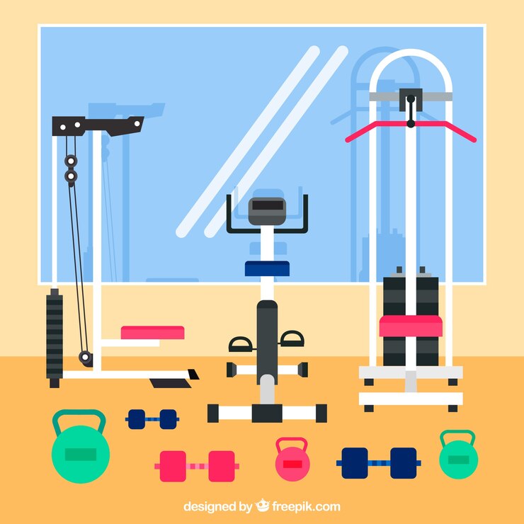Vector gratuito fondo de gimnasio de deporte con máquinas de ejercicios en estilo plano
