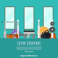 Vector gratuito fondo de gimnasio de deporte con máquinas de ejercicios en estilo plano