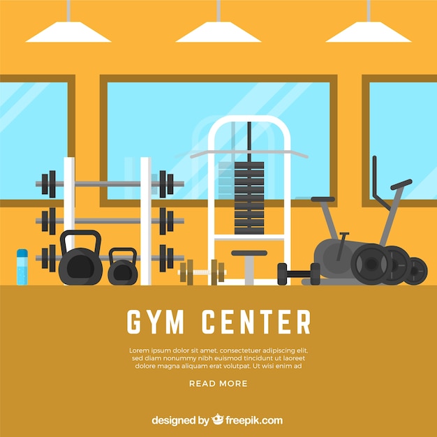 Fondo de gimnasio de deporte con máquinas de ejercicios en estilo plano