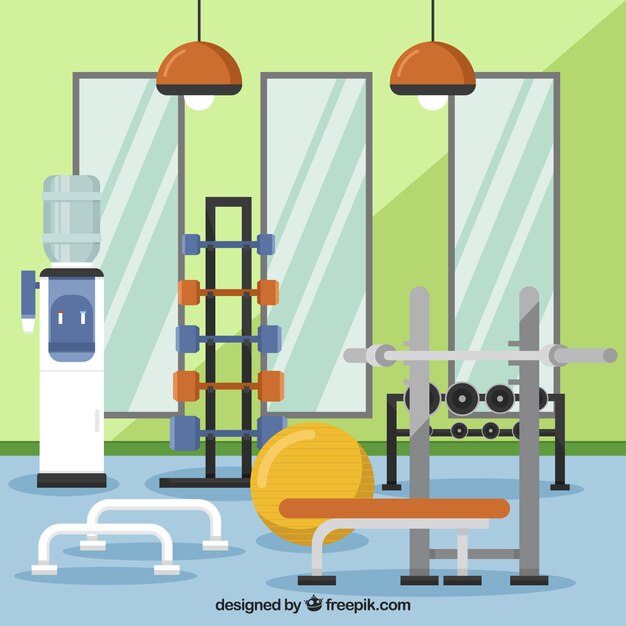 Fondo de gimnasio de deporte con máquinas de ejercicios en estilo plano