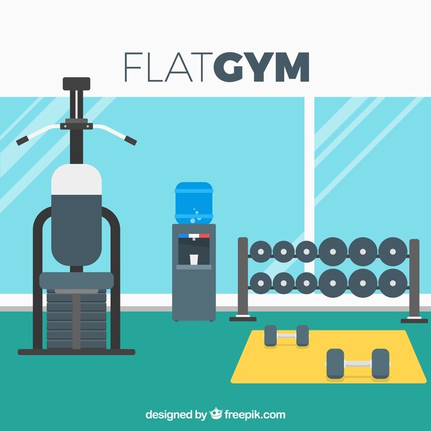 Fondo de gimnasio de deporte con máquinas de ejercicios en estilo plano