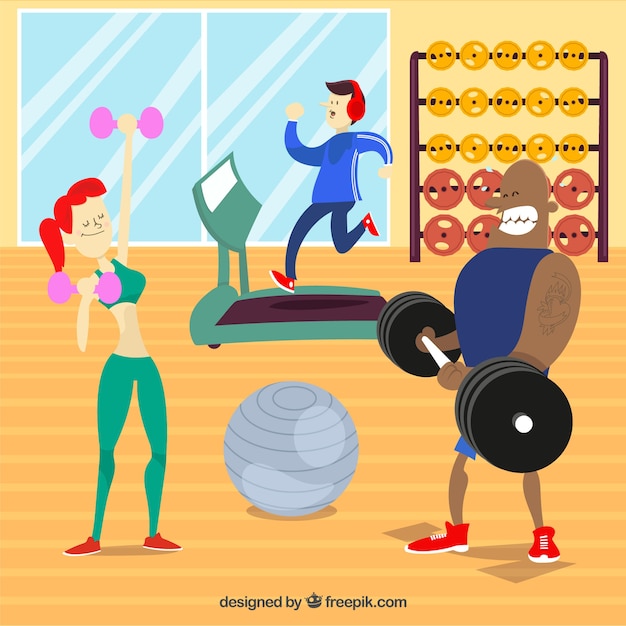 Vector gratuito fondo de gimnasio de deporte con personas entrenando