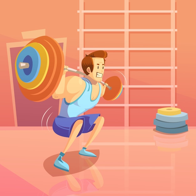 Vector gratuito fondo de gimnasio y levantamiento de pesas con hombre levantando una barra.