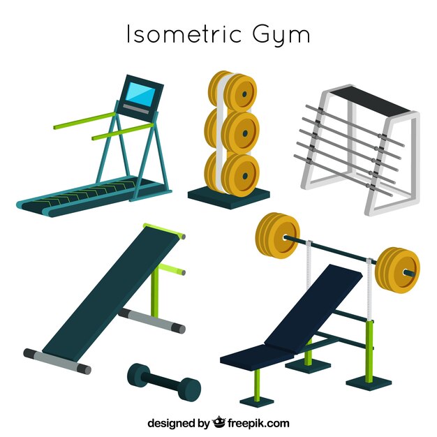 Fondo de gimnasio con máquinas de ejercicio en estilo isométrico