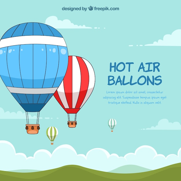 Vector gratuito fondo de globos de aire caliente con cielo en estilo hecho a mano