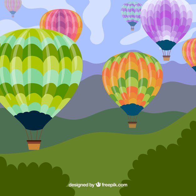 Fondo de globos de aire caliente con cielo en estilo hecho a mano