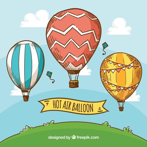 Fondo de globos de aire caliente con cielo en estilo hecho a mano