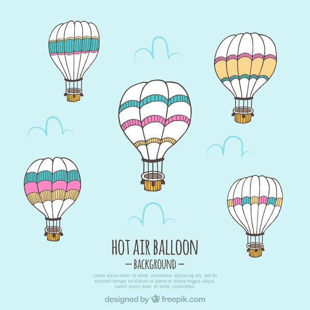 Fondo de globos de aire caliente con cielo en estilo hecho a mano