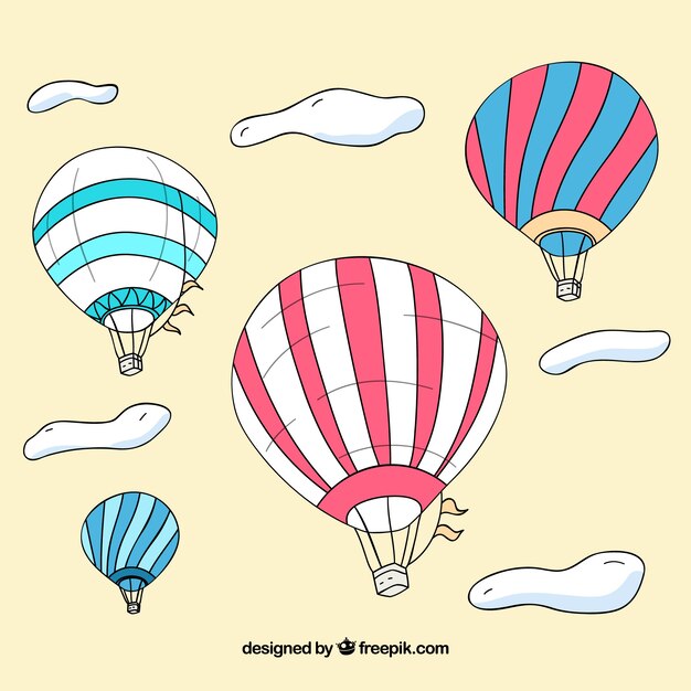 Fondo de globos de aire caliente con cielo en estilo hecho a mano