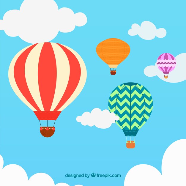 Fondo de globos de aire caliente con cielo en estilo hecho a mano