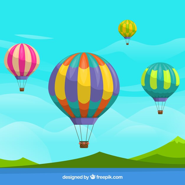 Fondo de globos de aire caliente en el cielo con nubes