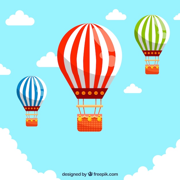 Fondo de globos de aire caliente en el cielo con nubes
