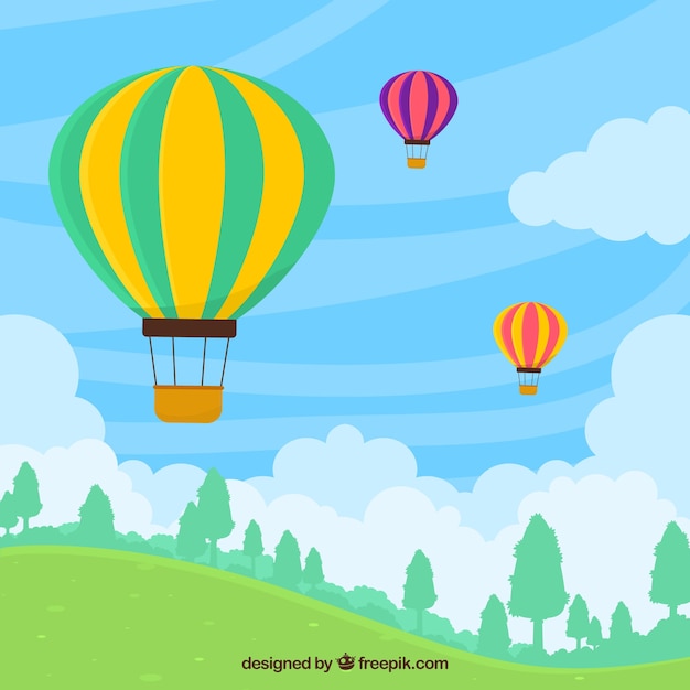 Fondo de globos de aire caliente en el cielo con nubes
