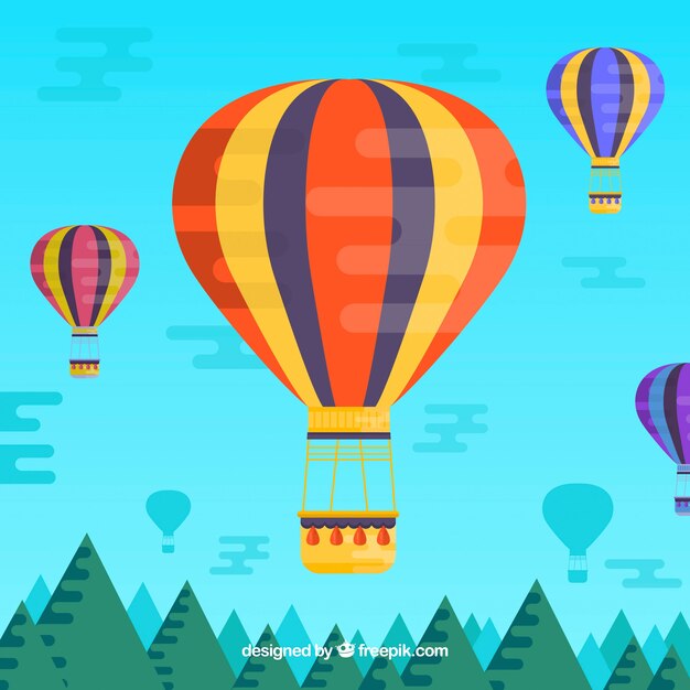 Fondo de globos de aire caliente en el cielo con nubes