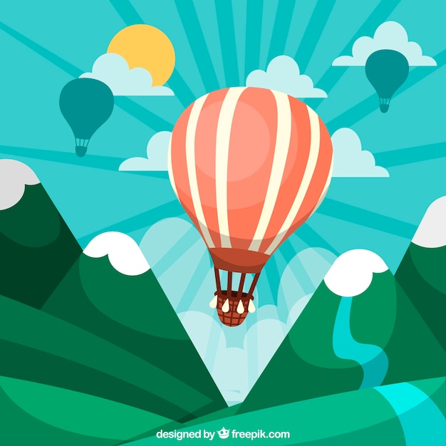 Fondo de globos de aire caliente en el cielo con nubes