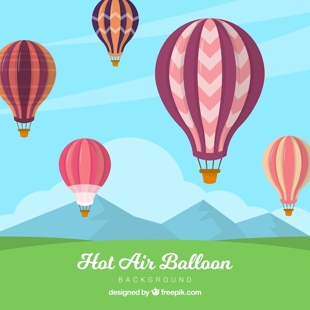 Fondo de globos de aire caliente en el cielo con nubes