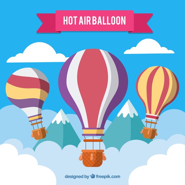 Fondo de globos de aire caliente en el cielo con nubes