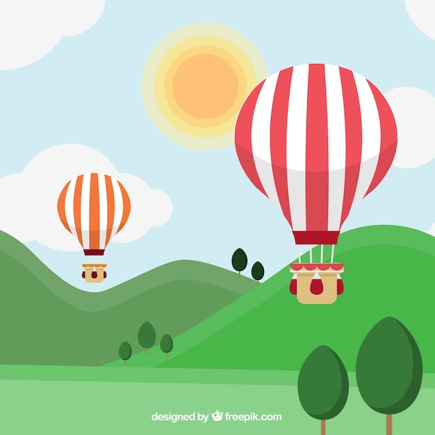 Fondo de globos de aire caliente en el cielo con nubes
