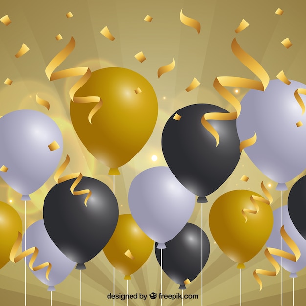 Vector gratuito fondo de globos dorados, grises y negros para celebrar