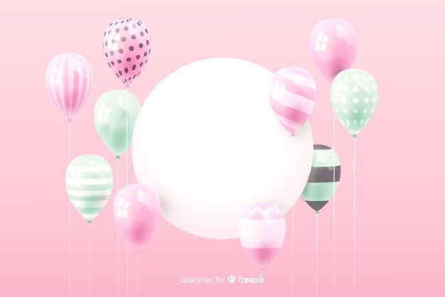 Fondo de globos tridimensionales y brillantes con banner vacío