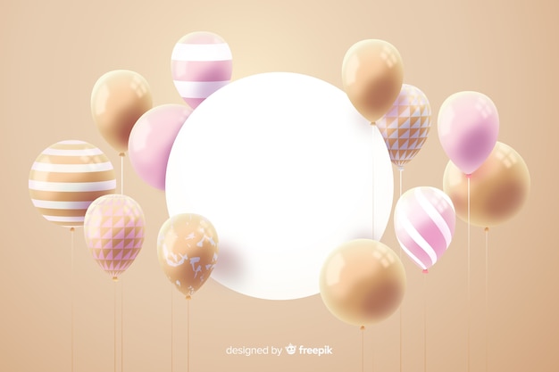 Fondo de globos tridimensionales y brillantes con banner vacío