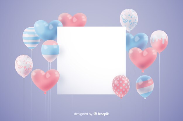 Fondo de globos tridimensionales y brillantes con banner vacío