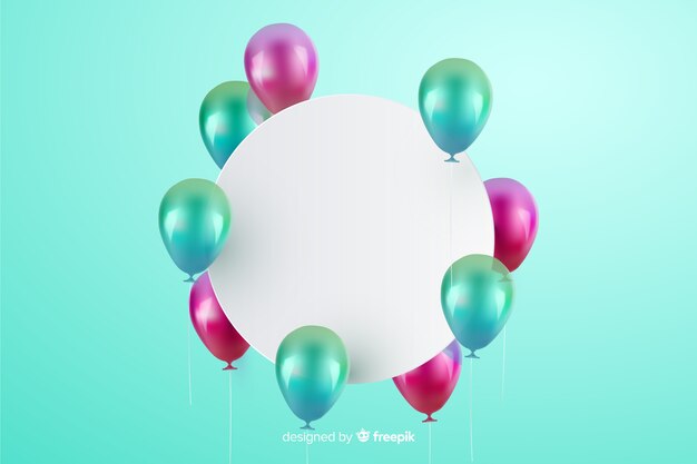 Fondo de globos tridimensionales y brillantes con banner vacío