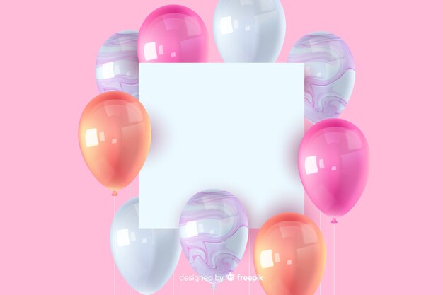 Fondo de globos tridimensionales y brillantes con banner vacío