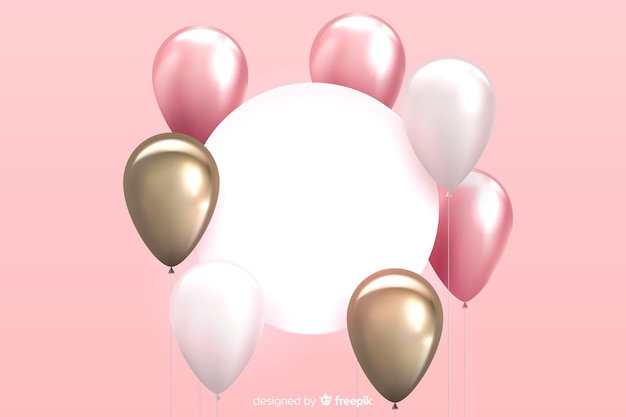 Fondo de globos tridimensionales y brillantes con banner vacío