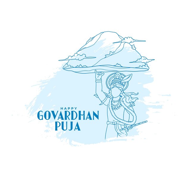 fondo de govardhan pooja dibujado a mano con el vector de diseño de lord krishna levantando la colina
