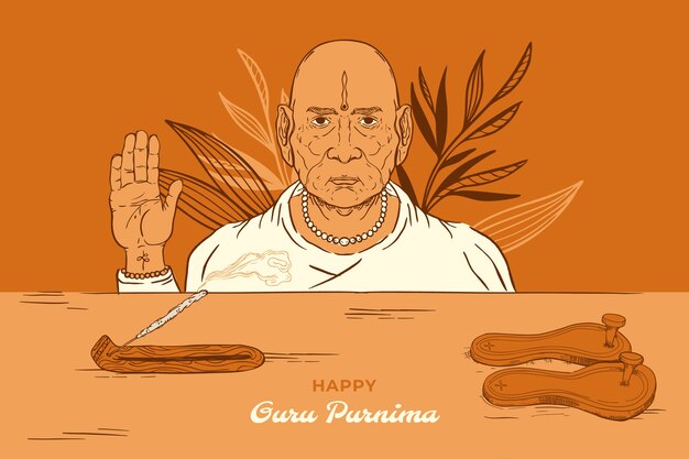 Fondo de guru purnima dibujado a mano con monje