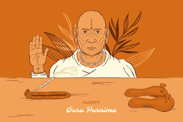 Fondo de guru purnima dibujado a mano con monje