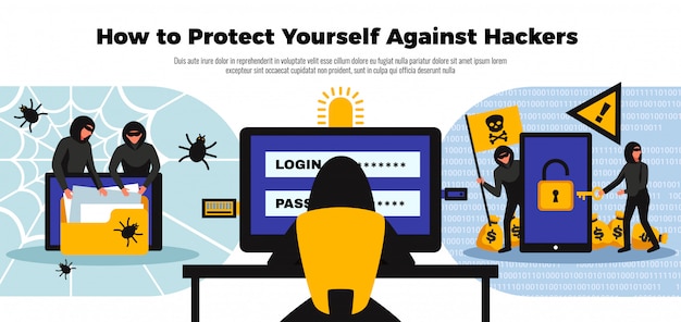 Fondo de hacker con ilustración plana de símbolos de sistema de seguridad en línea