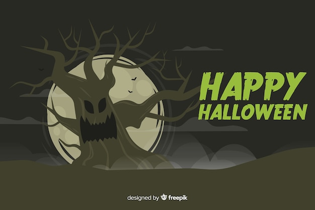 Vector gratuito fondo de halloween de árbol aterrador en diseño plano