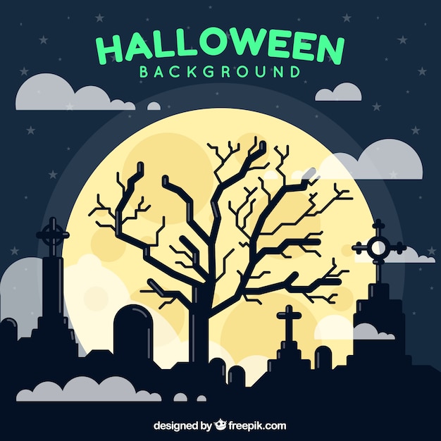 Vector gratuito fondo de halloween con árbol en el cementerio