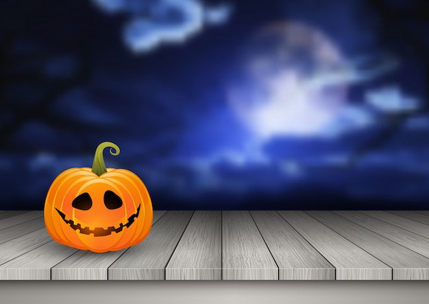 Vector gratuito fondo de halloween con calabaza en una mesa de madera contra un paisaje espeluznante