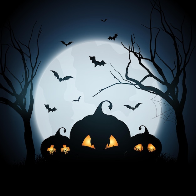 Vector gratuito fondo de halloween con calabazas en paisaje espeluznante